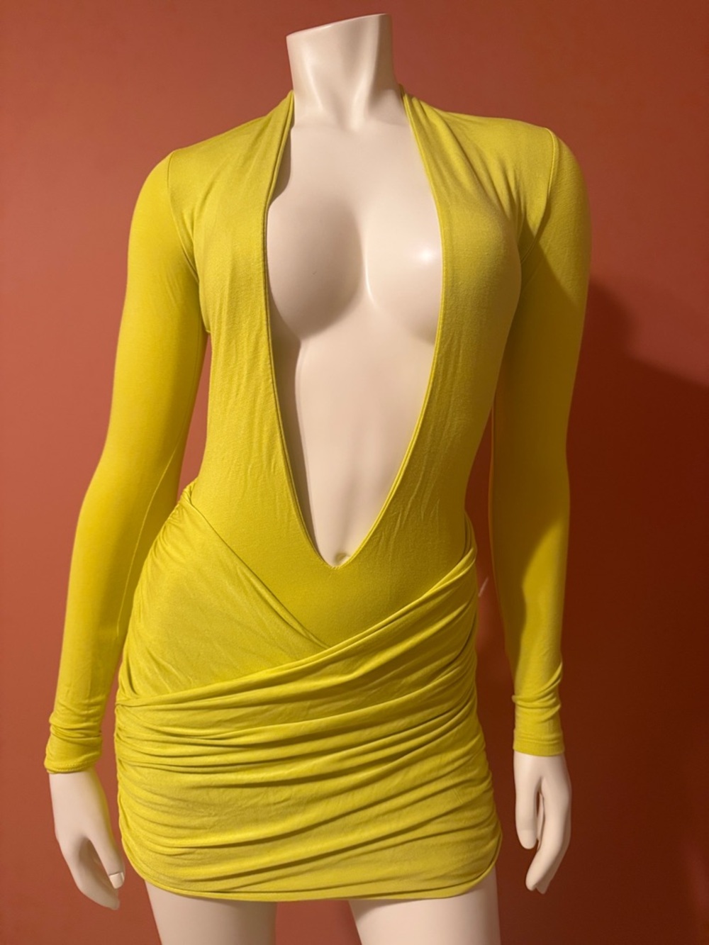 Deep V Long Sleeve Ruched Mini Dress in Vibrant almost neon color